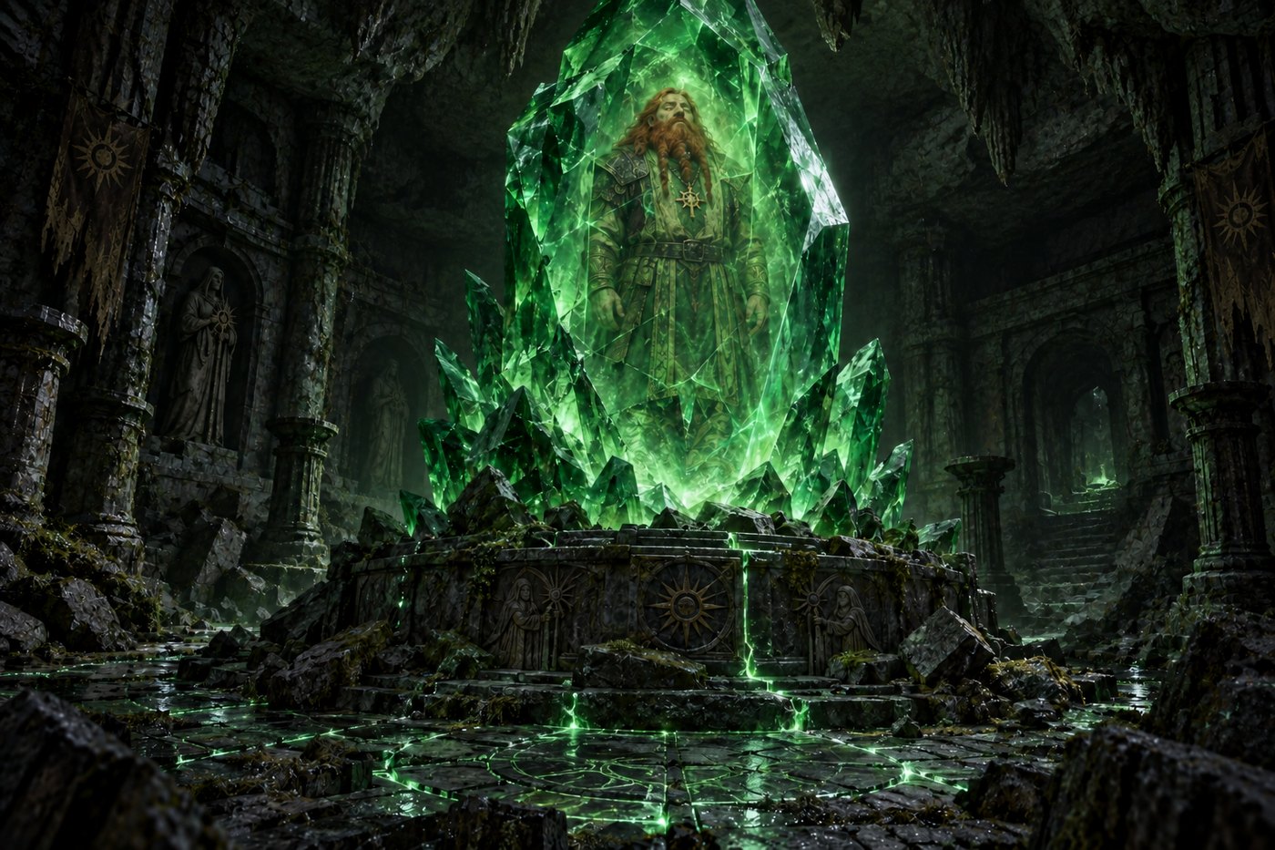 The Forge Room: the figure in the green crystal was Tüül Oakencask, thirty years asleep.